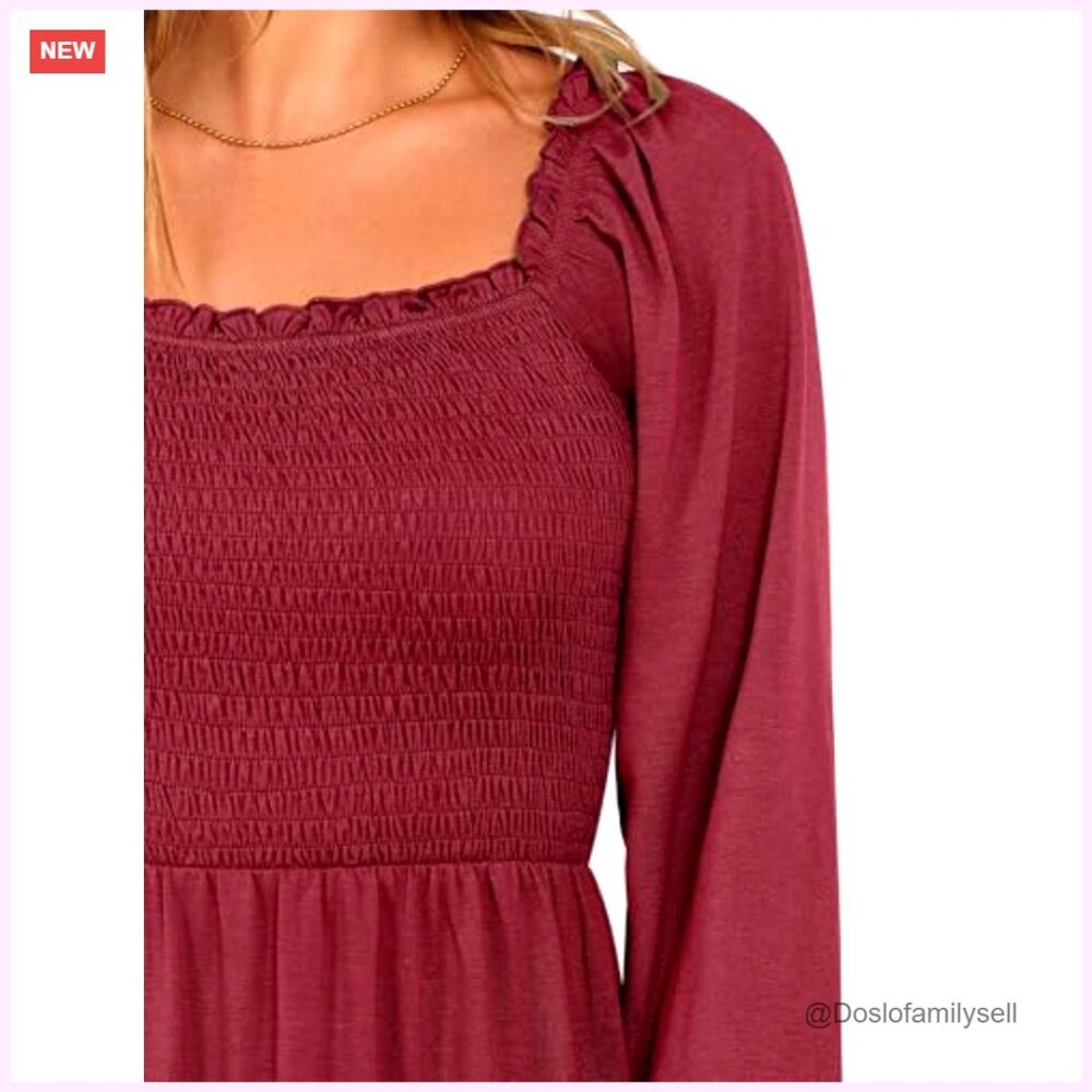 Long Sleeve Square Neck Smocked Dress High Waist Tiered Ruffle Swing - Picture 5 of 7